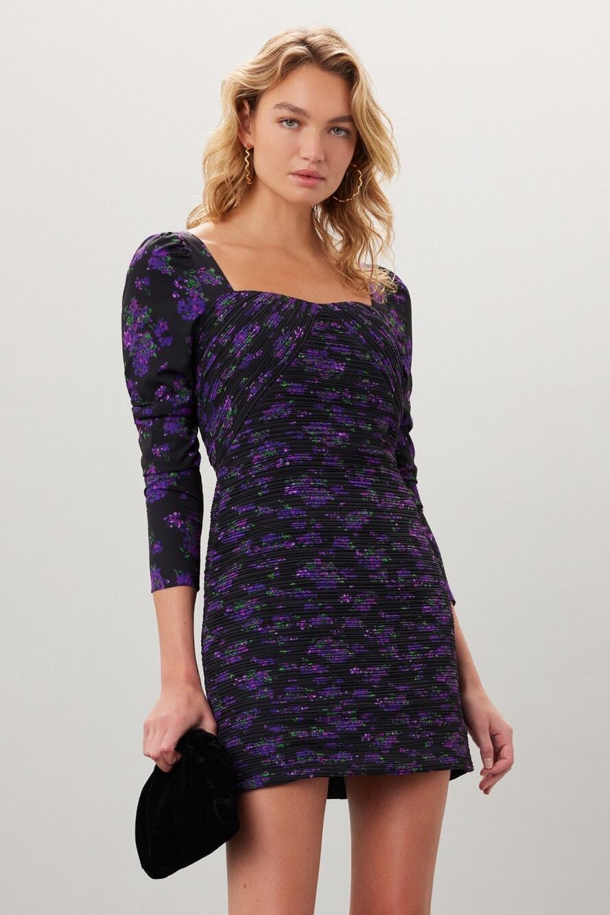 Amur Giulia Black Purple Pleated Floral Print Long Sleeve Mini Dress Size 4